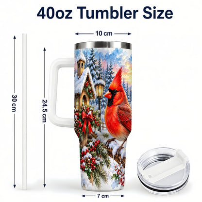 #pl[40oz|White] Watercolor Cardinal 40oz Tumbler with Handle, Winter Bird Travel Cup