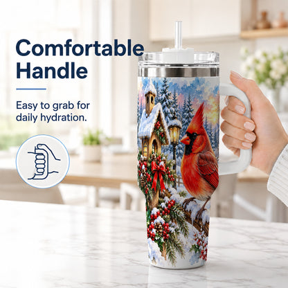 #pl[40oz|White] Watercolor Cardinal 40oz Tumbler with Handle, Winter Bird Travel Cup
