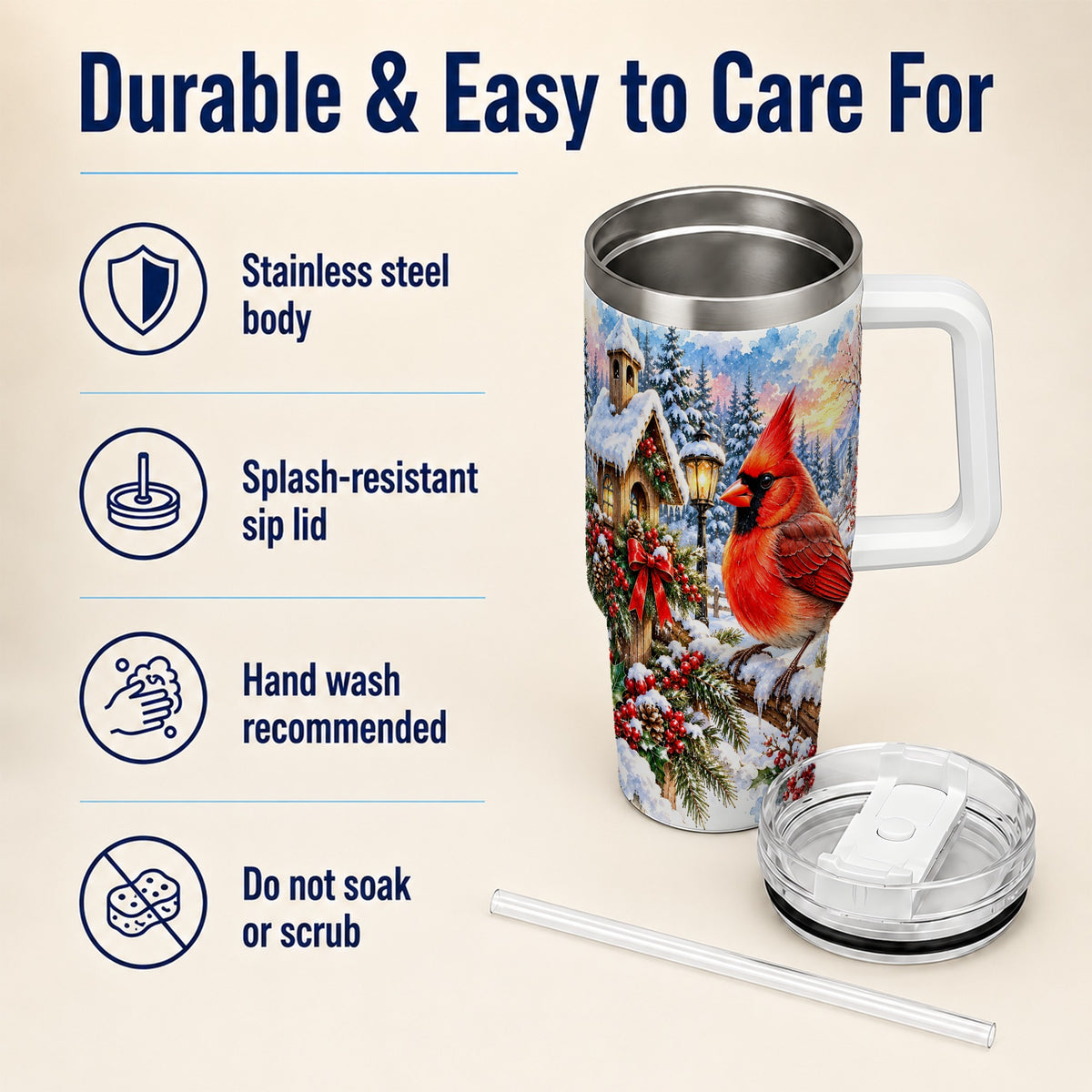Watercolor Cardinal 40oz Tumbler with Handle, Winter Bird Travel Cup