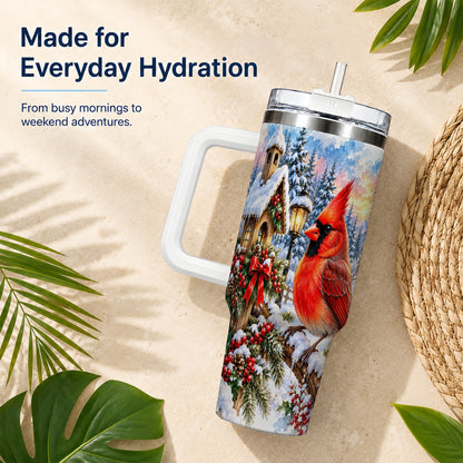 Watercolor Cardinal 40oz Tumbler with Handle, Winter Bird Travel Cup