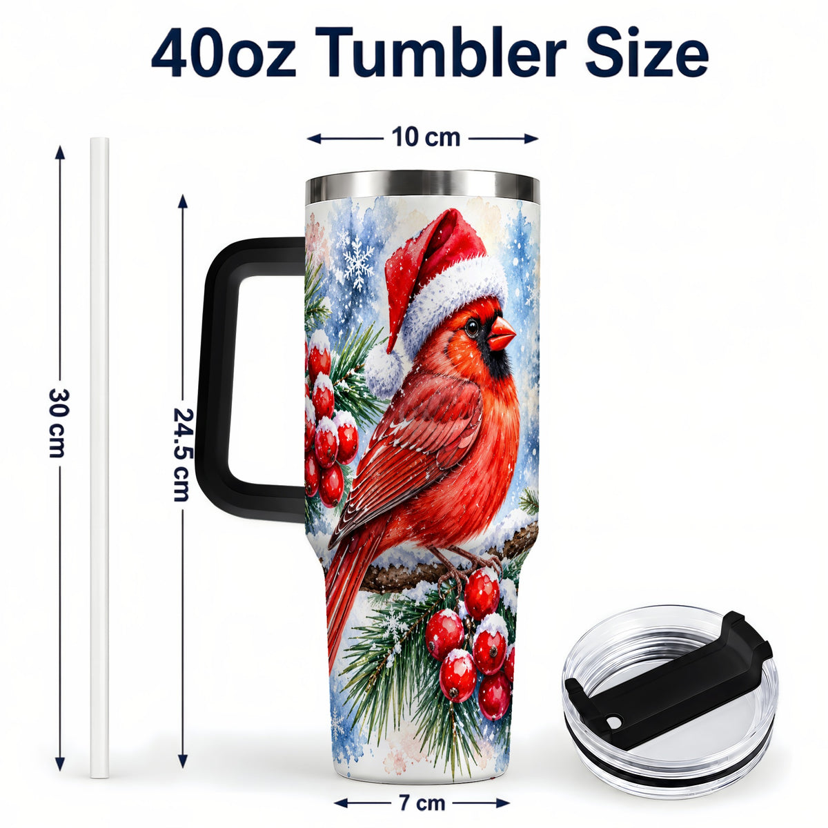 #pl[40oz|Black] Christmas Cardinal 40oz Tumbler with Handle, Winter Bird Travel Cup