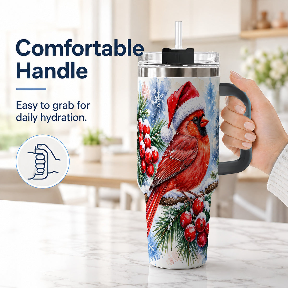 #pl[40oz|Black] Christmas Cardinal 40oz Tumbler with Handle, Winter Bird Travel Cup