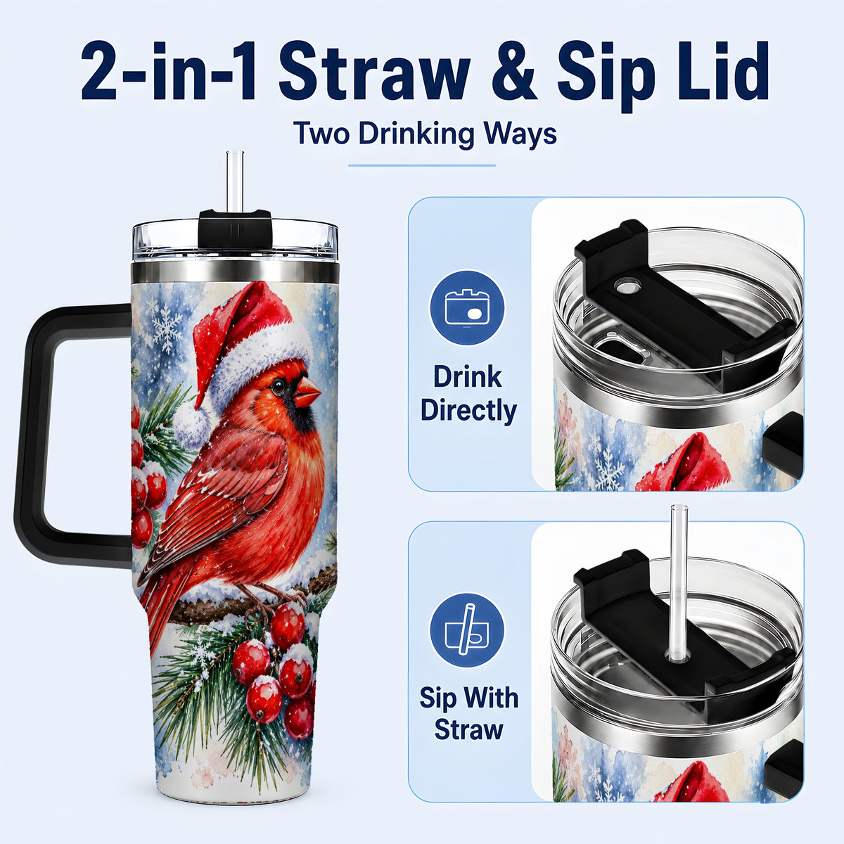 #pl[40oz|Black] Christmas Cardinal 40oz Tumbler with Handle, Winter Bird Travel Cup