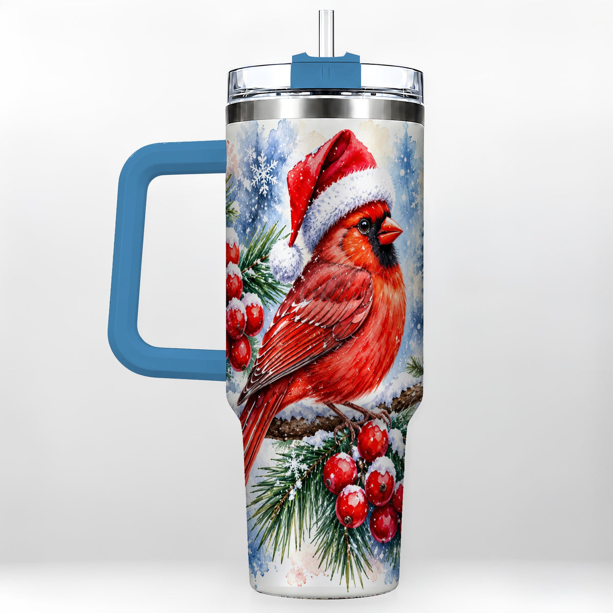 #pl[40oz|Blue] Christmas Cardinal 40oz Tumbler with Handle, Winter Bird Travel Cup