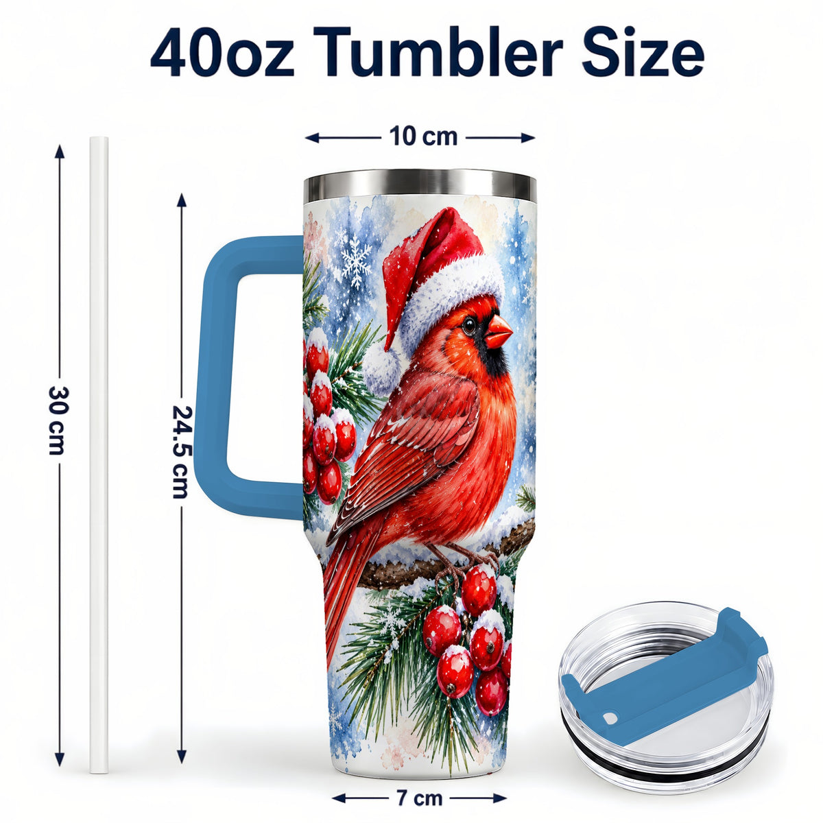 #pl[40oz|Blue] Christmas Cardinal 40oz Tumbler with Handle, Winter Bird Travel Cup