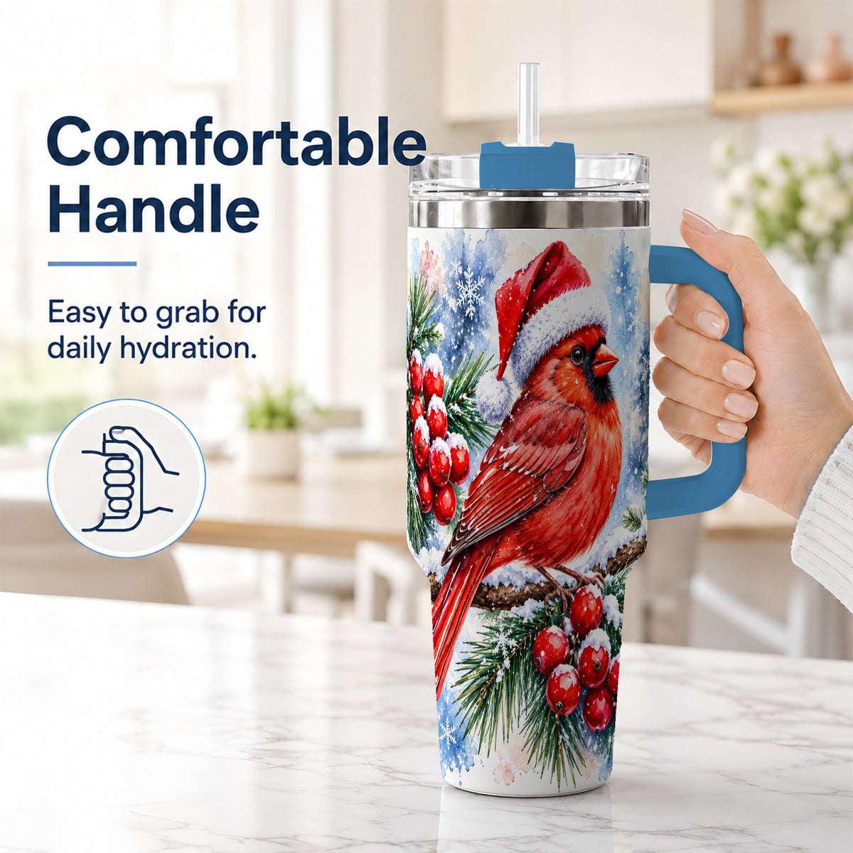 #pl[40oz|Blue] Christmas Cardinal 40oz Tumbler with Handle, Winter Bird Travel Cup