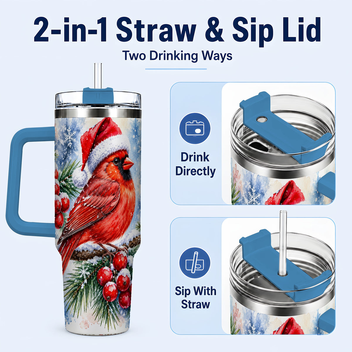 #pl[40oz|Blue] Christmas Cardinal 40oz Tumbler with Handle, Winter Bird Travel Cup