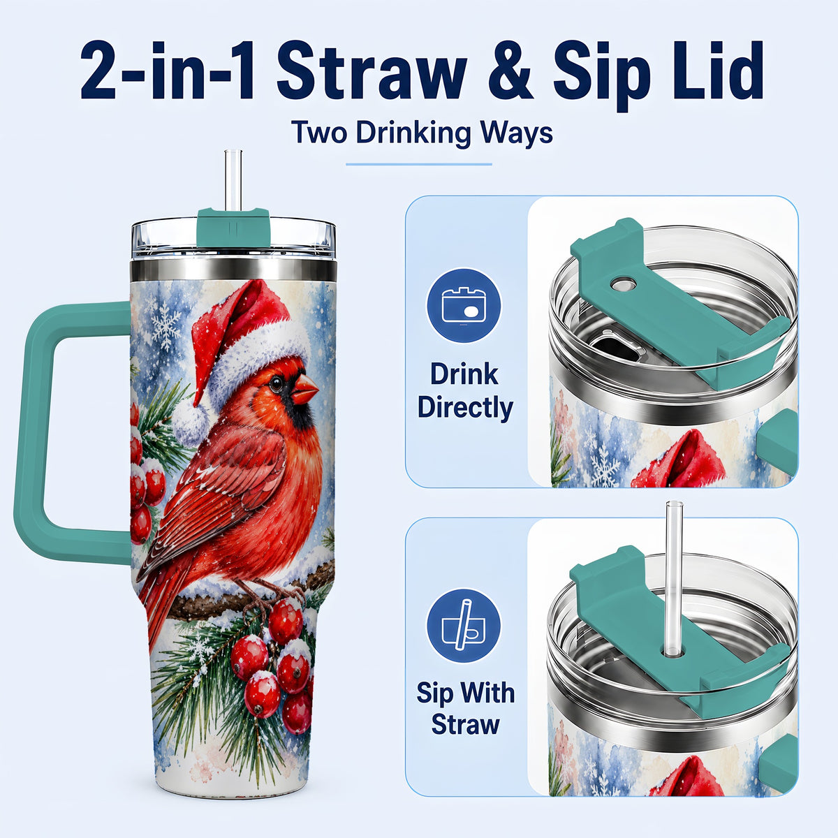 #pl[40oz|Green] Christmas Cardinal 40oz Tumbler with Handle, Winter Bird Travel Cup