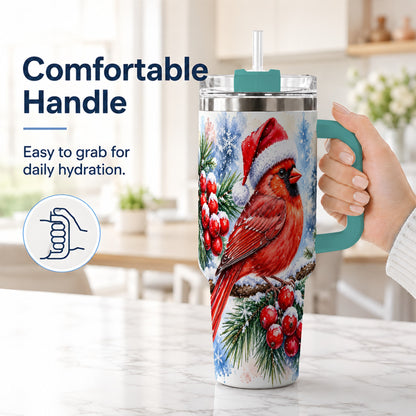 #pl[40oz|Green] Christmas Cardinal 40oz Tumbler with Handle, Winter Bird Travel Cup