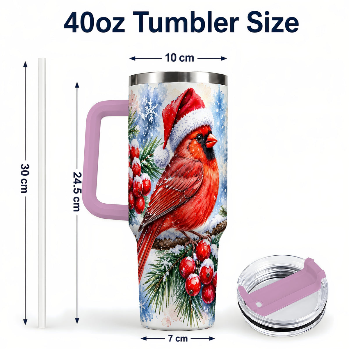 #pl[40oz|Pink] Christmas Cardinal 40oz Tumbler with Handle, Winter Bird Travel Cup