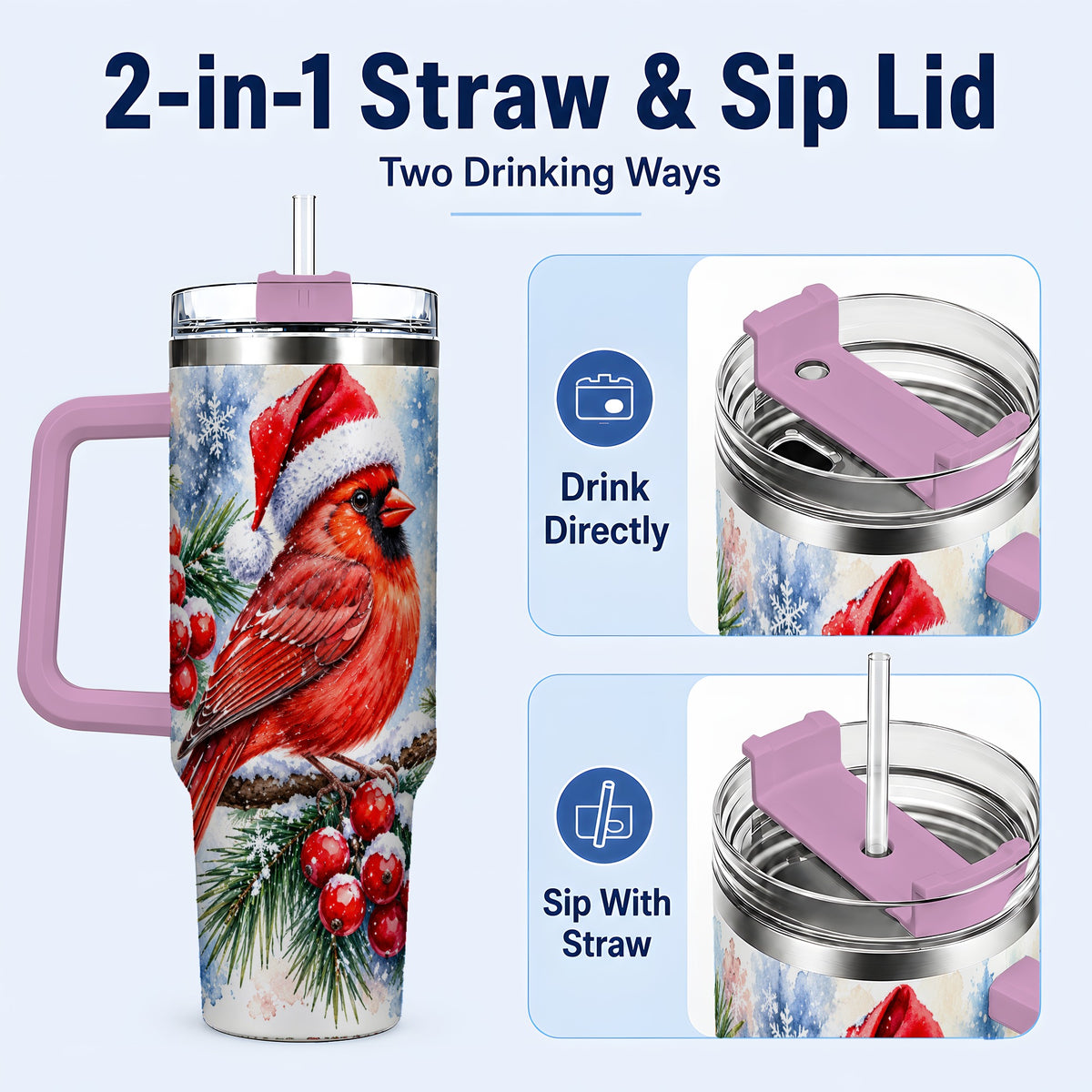 #pl[40oz|Pink] Christmas Cardinal 40oz Tumbler with Handle, Winter Bird Travel Cup