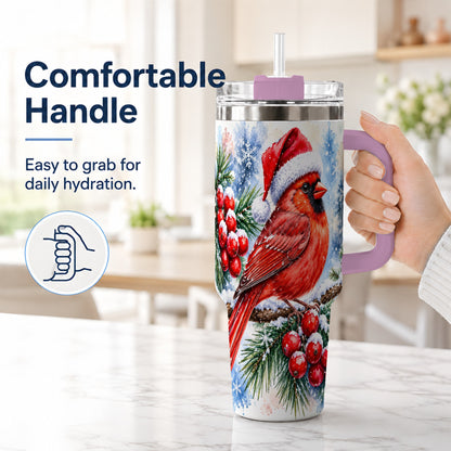#pl[40oz|Pink] Christmas Cardinal 40oz Tumbler with Handle, Winter Bird Travel Cup