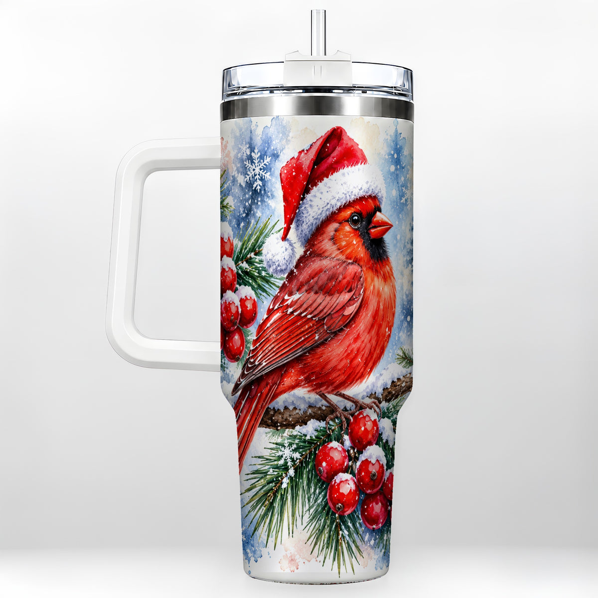 Christmas Cardinal 40oz Tumbler with Handle, Winter Bird Travel Cup