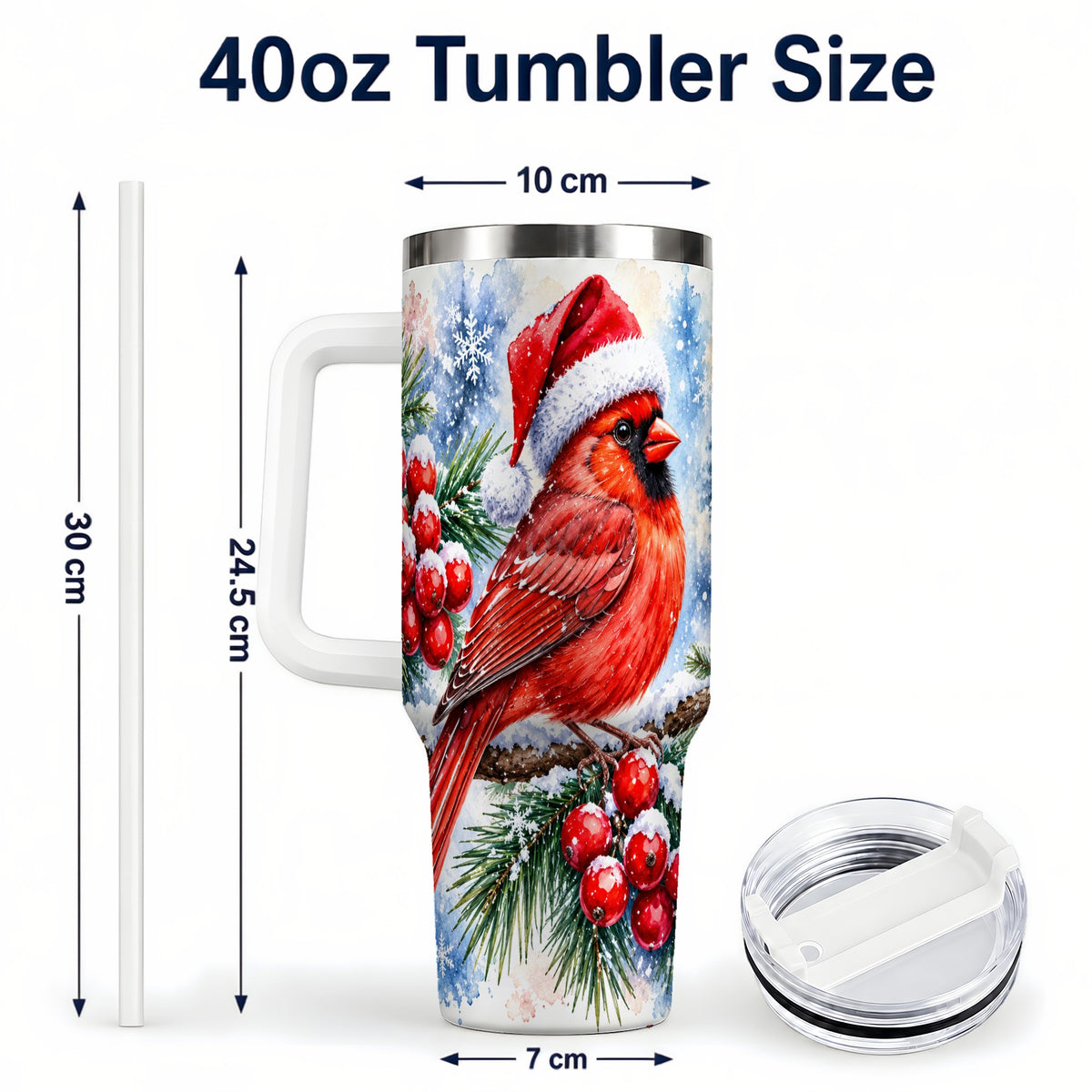 #pl[40oz|White] Christmas Cardinal 40oz Tumbler with Handle, Winter Bird Travel Cup
