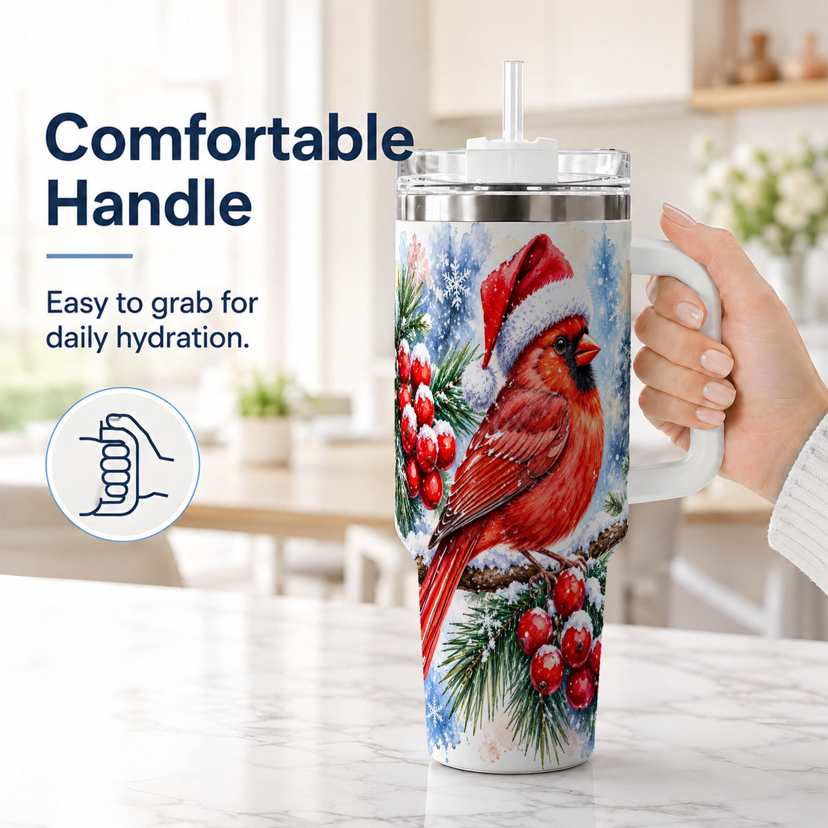 #pl[40oz|White] Christmas Cardinal 40oz Tumbler with Handle, Winter Bird Travel Cup