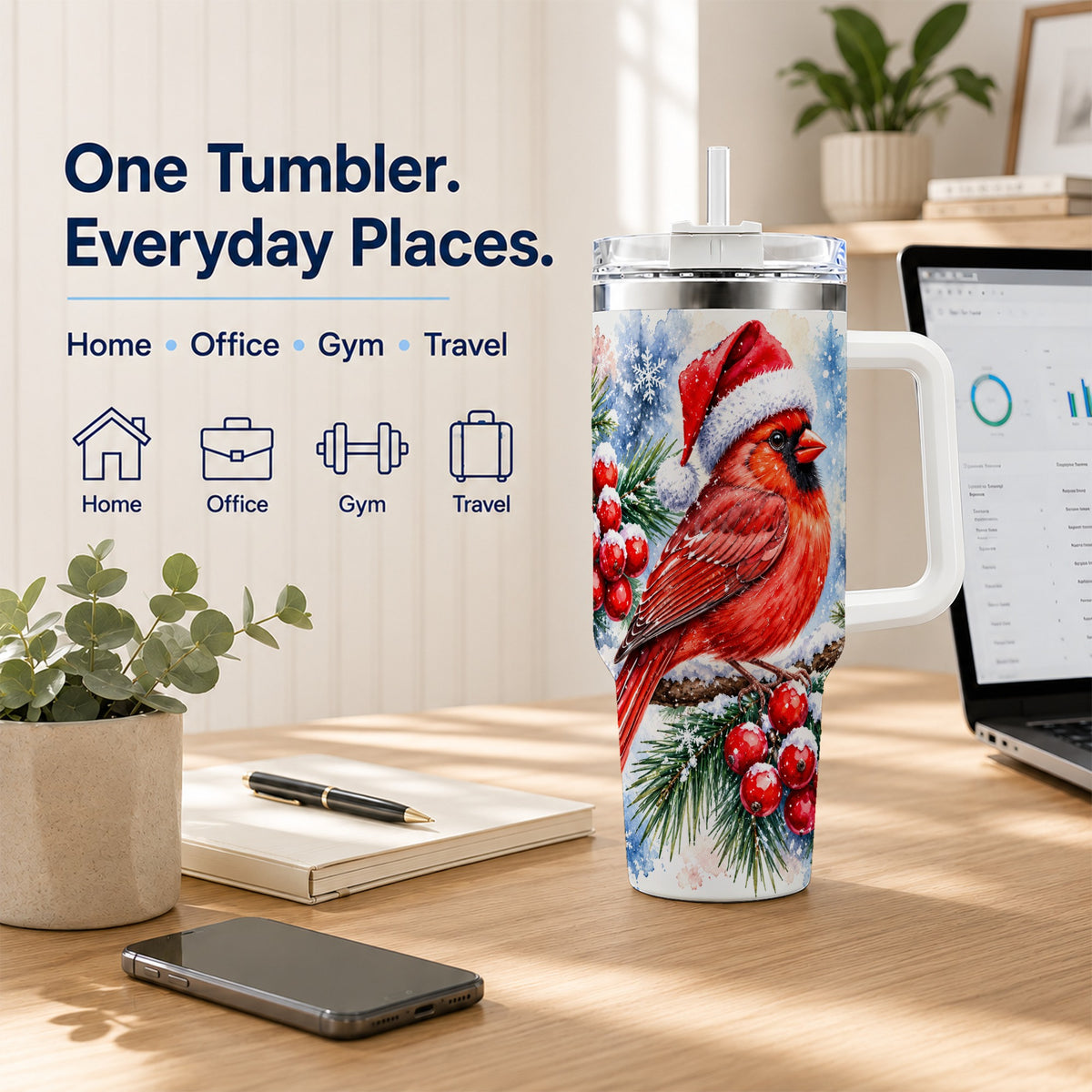 Christmas Cardinal 40oz Tumbler with Handle, Winter Bird Travel Cup