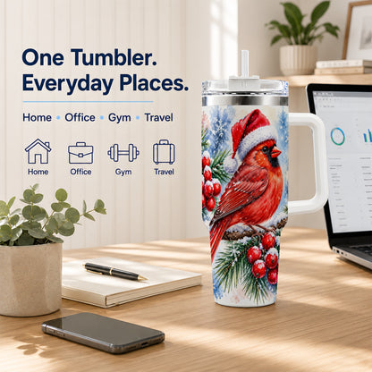 Christmas Cardinal 40oz Tumbler with Handle, Winter Bird Travel Cup