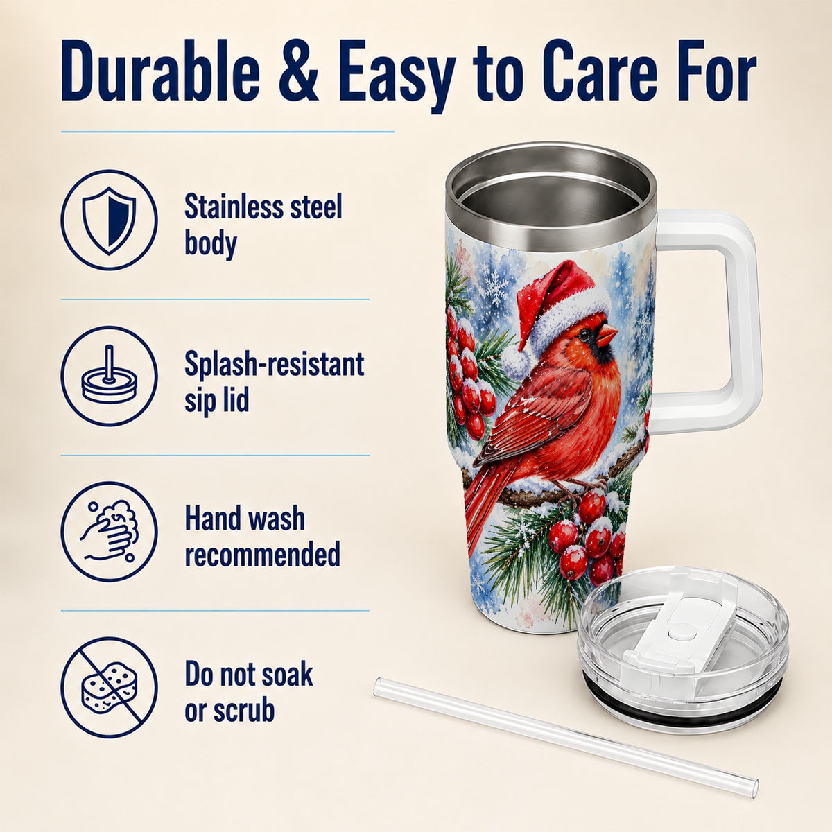 Christmas Cardinal 40oz Tumbler with Handle, Winter Bird Travel Cup