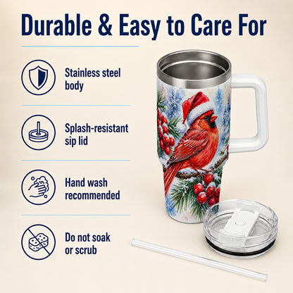 Christmas Cardinal 40oz Tumbler with Handle, Winter Bird Travel Cup
