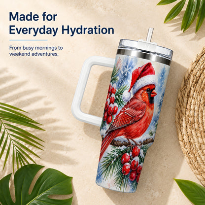 Christmas Cardinal 40oz Tumbler with Handle, Winter Bird Travel Cup