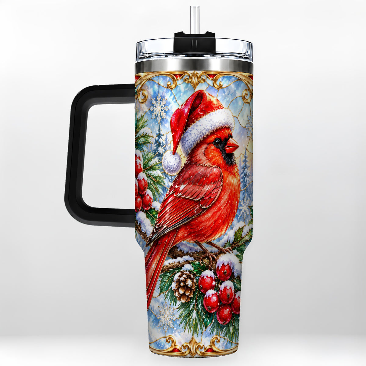 #pl[40oz|Black] Ornate Cardinal 40oz Tumbler with Handle, Christmas Bird Travel Cup