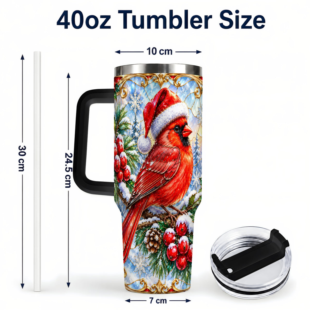 #pl[40oz|Black] Ornate Cardinal 40oz Tumbler with Handle, Christmas Bird Travel Cup