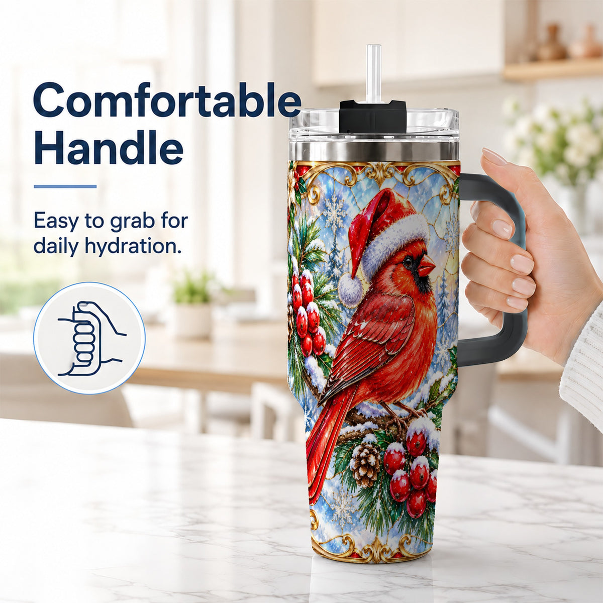 #pl[40oz|Black] Ornate Cardinal 40oz Tumbler with Handle, Christmas Bird Travel Cup