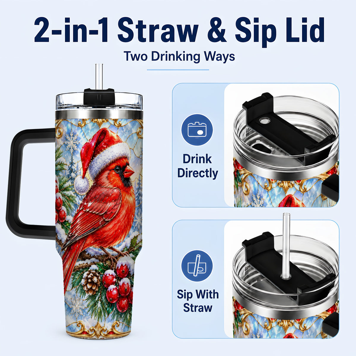 #pl[40oz|Black] Ornate Cardinal 40oz Tumbler with Handle, Christmas Bird Travel Cup