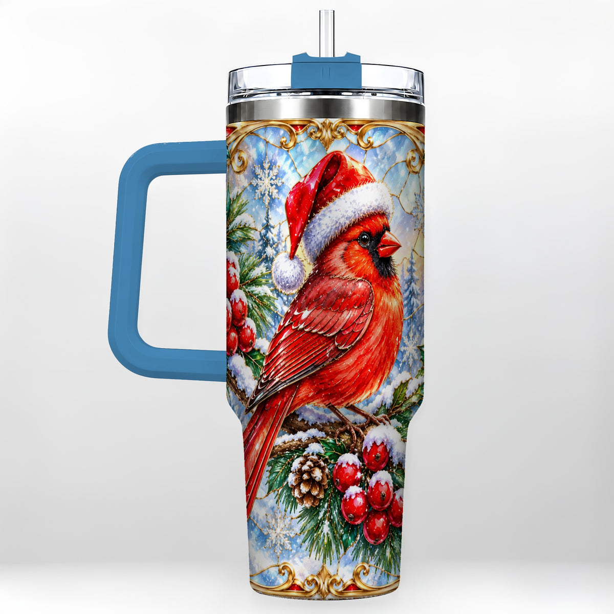 #pl[40oz|Blue] Ornate Cardinal 40oz Tumbler with Handle, Christmas Bird Travel Cup