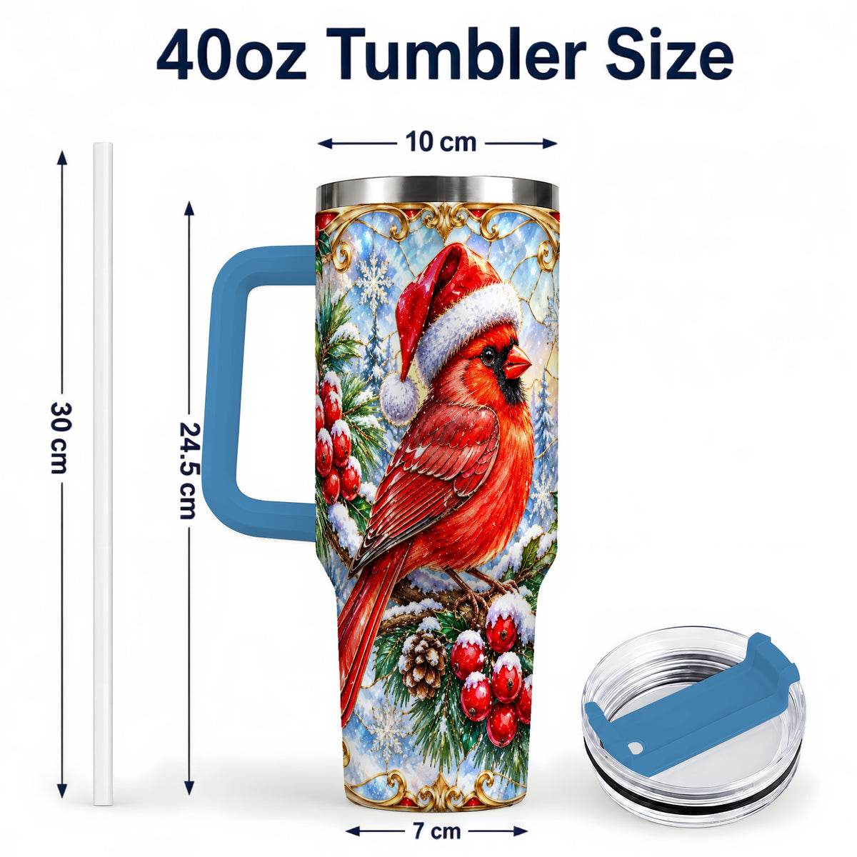 #pl[40oz|Blue] Ornate Cardinal 40oz Tumbler with Handle, Christmas Bird Travel Cup