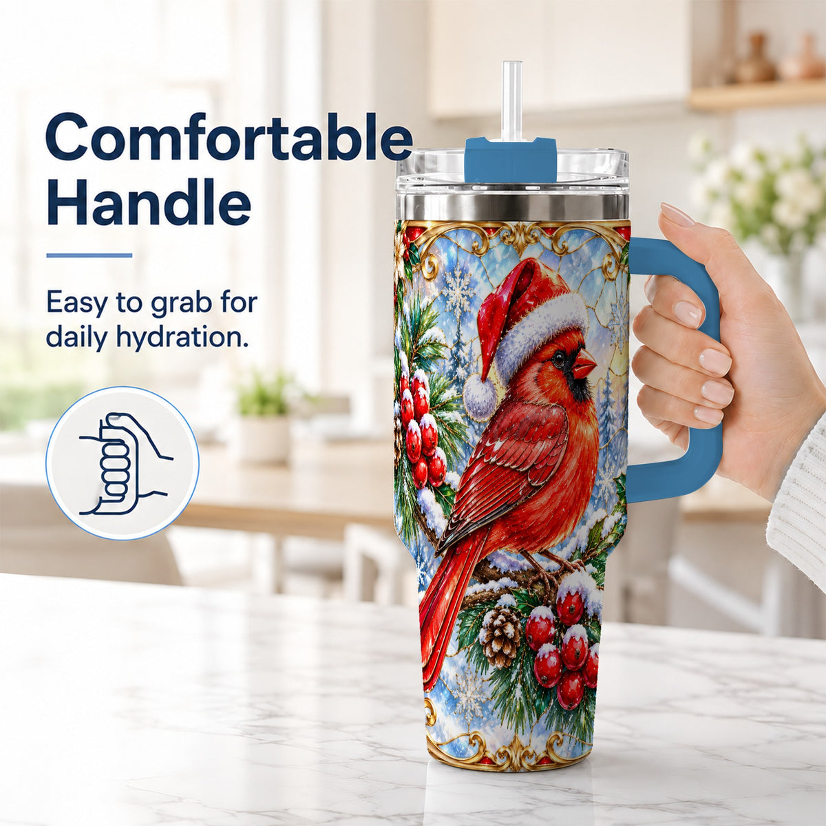 #pl[40oz|Blue] Ornate Cardinal 40oz Tumbler with Handle, Christmas Bird Travel Cup