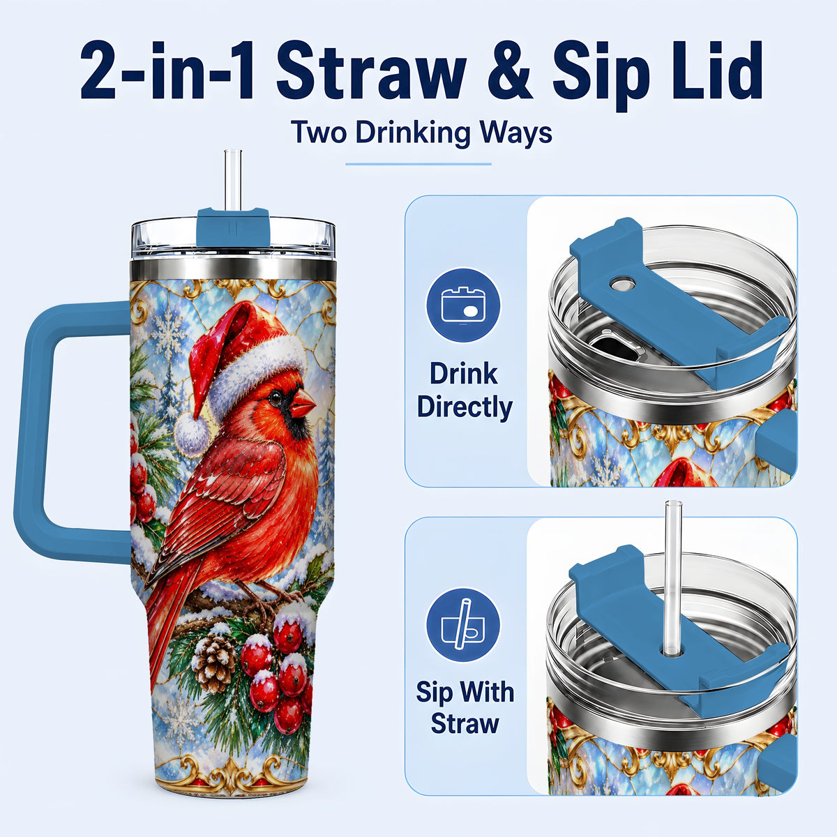 #pl[40oz|Blue] Ornate Cardinal 40oz Tumbler with Handle, Christmas Bird Travel Cup