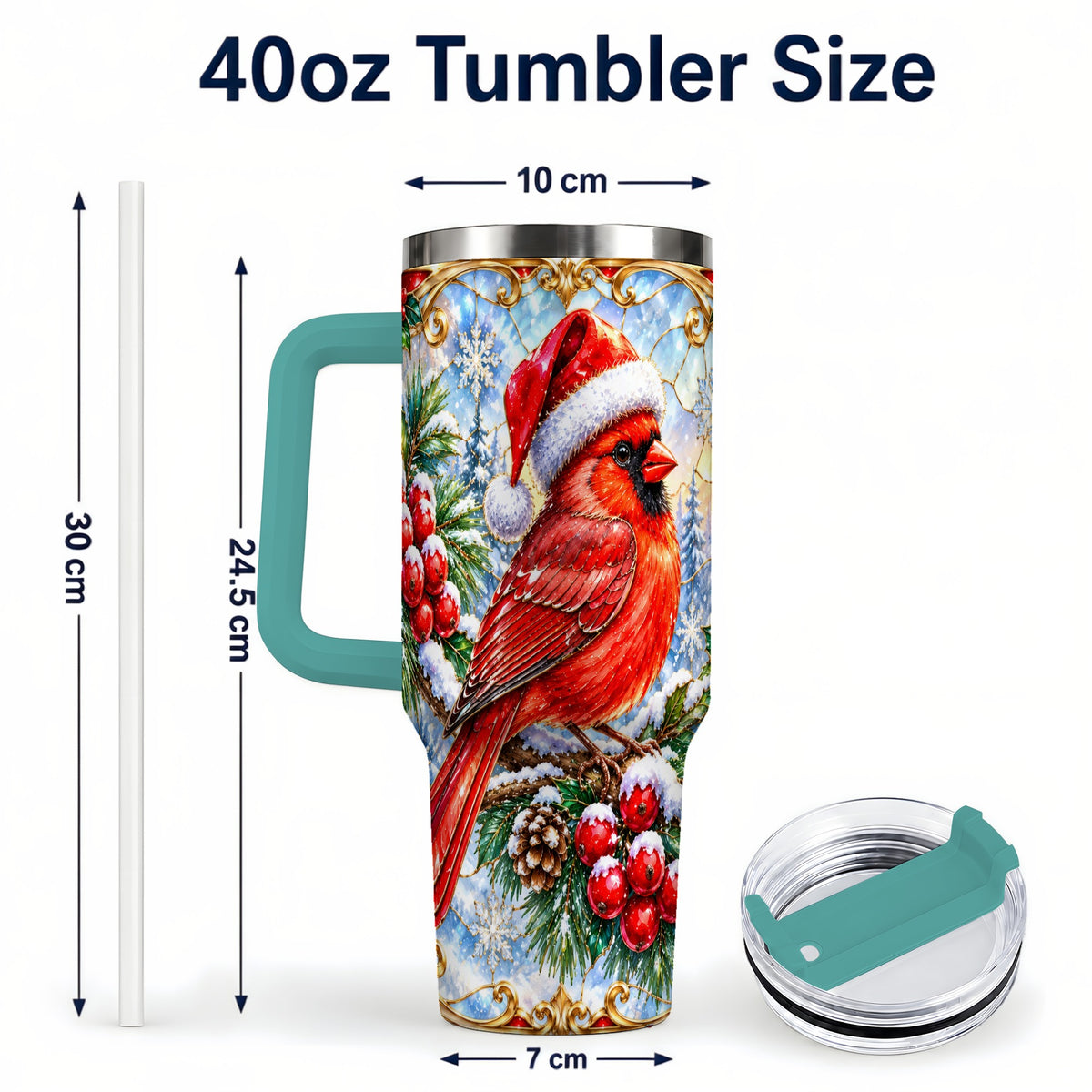 #pl[40oz|Green] Ornate Cardinal 40oz Tumbler with Handle, Christmas Bird Travel Cup