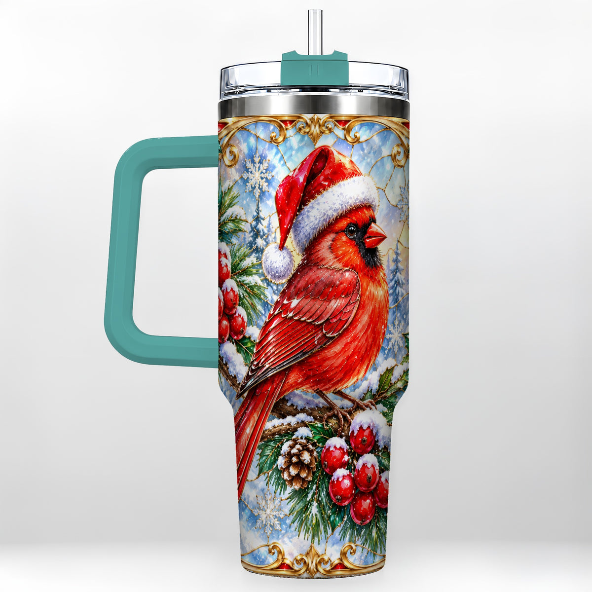 #pl[40oz|Green] Ornate Cardinal 40oz Tumbler with Handle, Christmas Bird Travel Cup