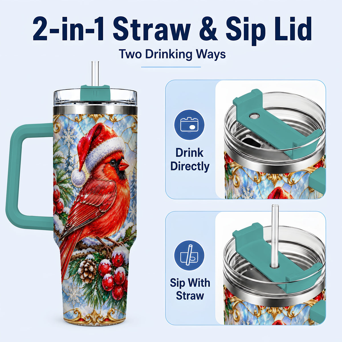 #pl[40oz|Green] Ornate Cardinal 40oz Tumbler with Handle, Christmas Bird Travel Cup