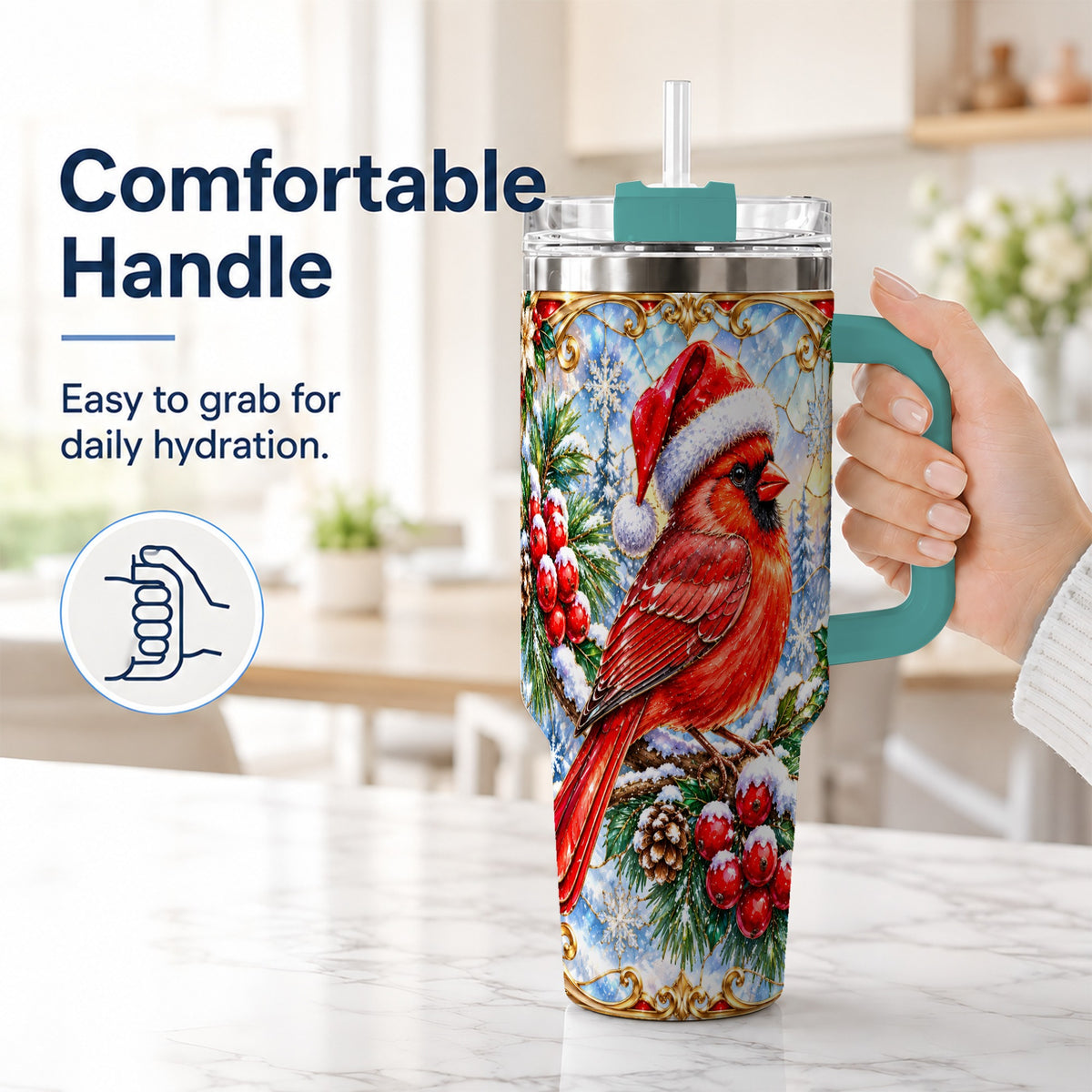 #pl[40oz|Green] Ornate Cardinal 40oz Tumbler with Handle, Christmas Bird Travel Cup