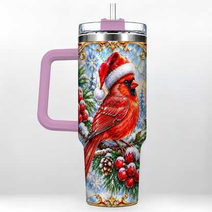 #pl[40oz|Pink] Ornate Cardinal 40oz Tumbler with Handle, Christmas Bird Travel Cup