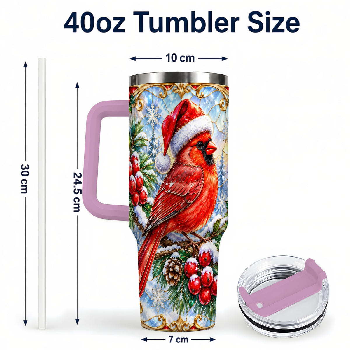 #pl[40oz|Pink] Ornate Cardinal 40oz Tumbler with Handle, Christmas Bird Travel Cup