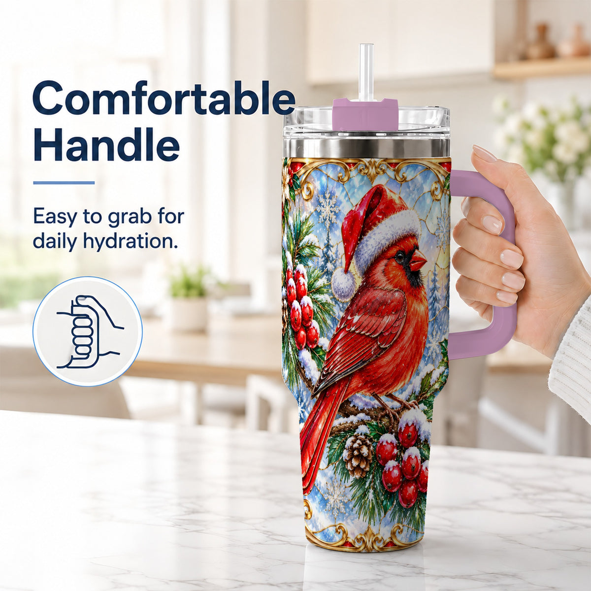 #pl[40oz|Pink] Ornate Cardinal 40oz Tumbler with Handle, Christmas Bird Travel Cup