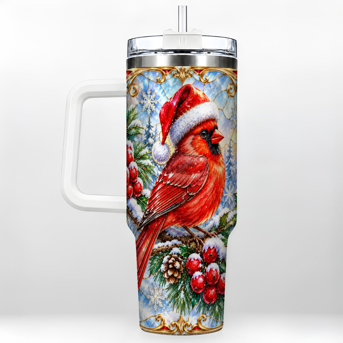 Ornate Cardinal 40oz Tumbler with Handle, Christmas Bird Travel Cup
