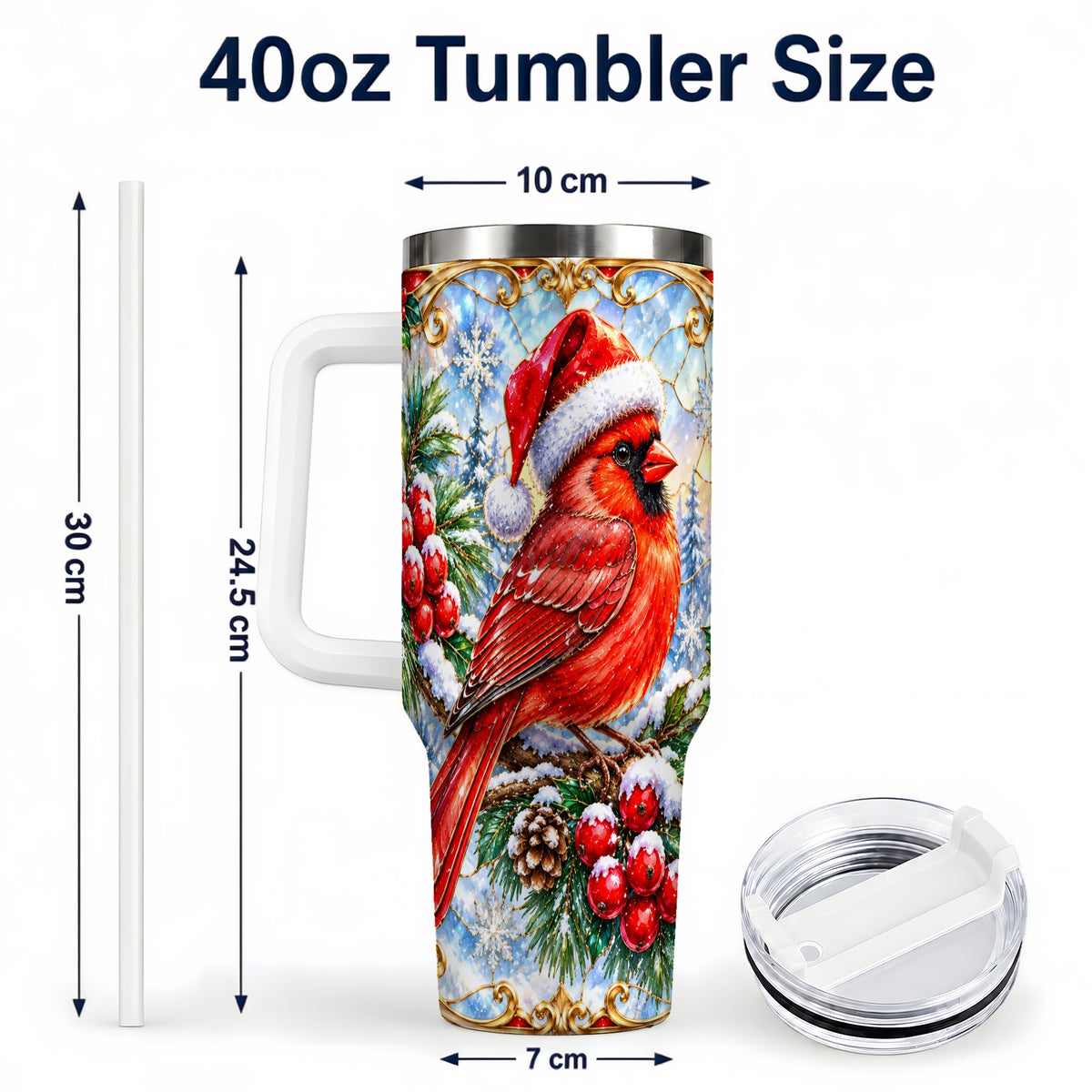 #pl[40oz|White] Ornate Cardinal 40oz Tumbler with Handle, Christmas Bird Travel Cup