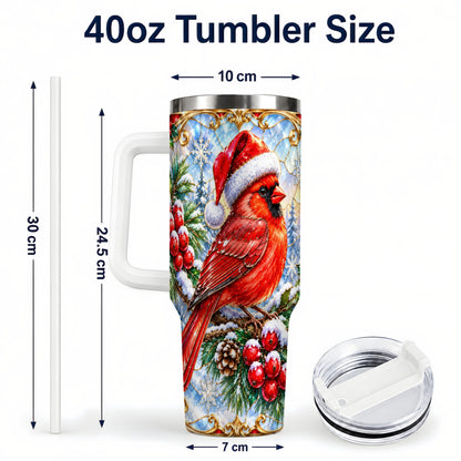 #pl[40oz|White] Ornate Cardinal 40oz Tumbler with Handle, Christmas Bird Travel Cup