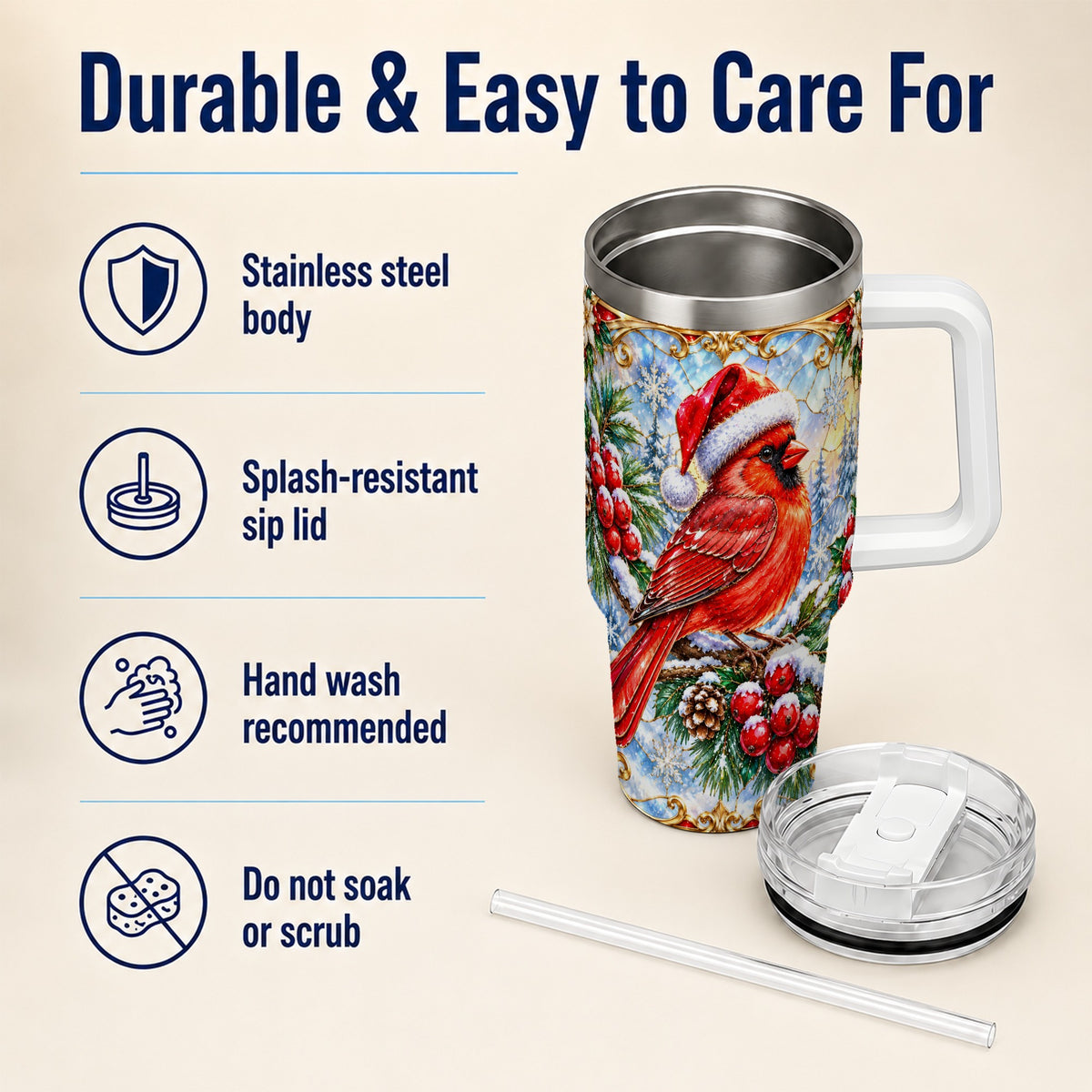 Ornate Cardinal 40oz Tumbler with Handle, Christmas Bird Travel Cup