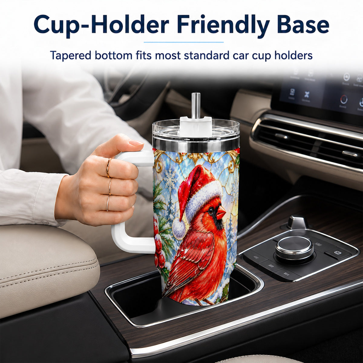 Ornate Cardinal 40oz Tumbler with Handle, Christmas Bird Travel Cup