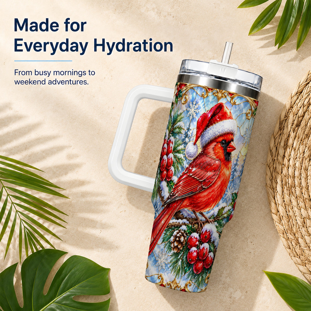 Ornate Cardinal 40oz Tumbler with Handle, Christmas Bird Travel Cup