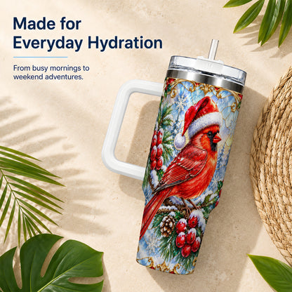 Ornate Cardinal 40oz Tumbler with Handle, Christmas Bird Travel Cup