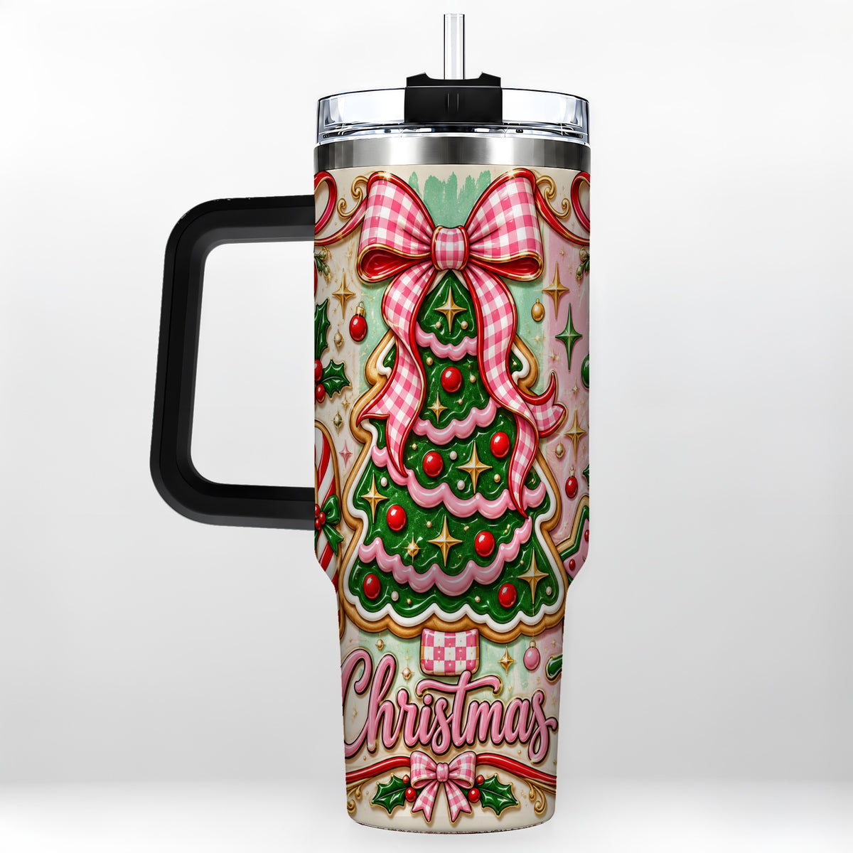 #pl[40oz|Black] Christmas Tree Cookie 40oz Tumbler with Handle, Pink Bow Travel Cup