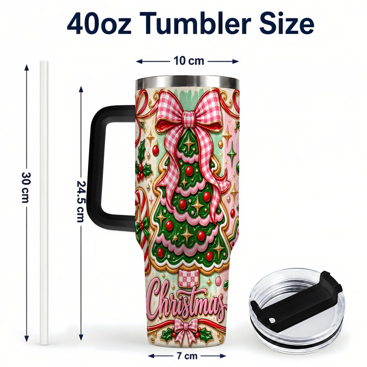 #pl[40oz|Black] Christmas Tree Cookie 40oz Tumbler with Handle, Pink Bow Travel Cup