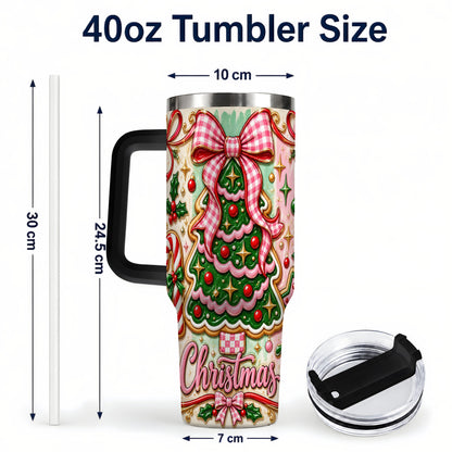 #pl[40oz|Black] Christmas Tree Cookie 40oz Tumbler with Handle, Pink Bow Travel Cup