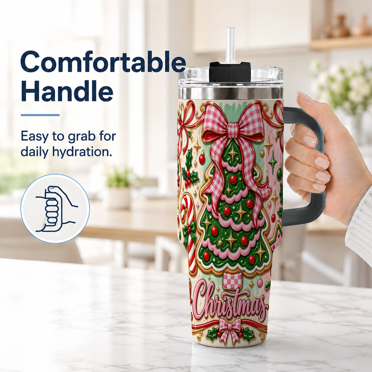 #pl[40oz|Black] Christmas Tree Cookie 40oz Tumbler with Handle, Pink Bow Travel Cup
